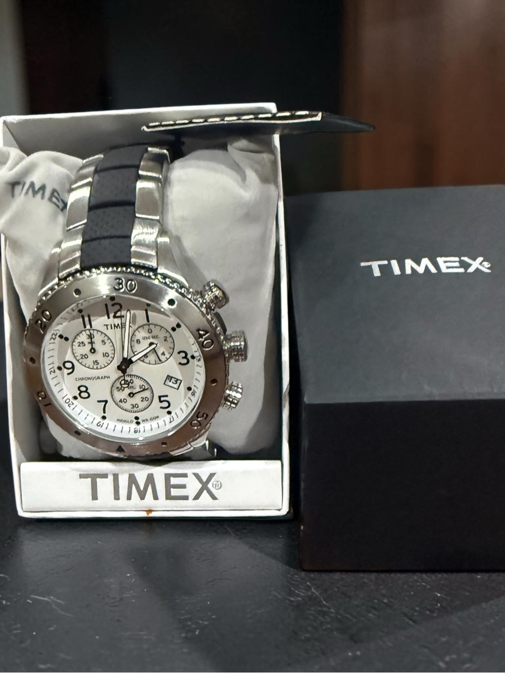 Timex Men's Silver Case White Dial Black Strap Chronograph Watch